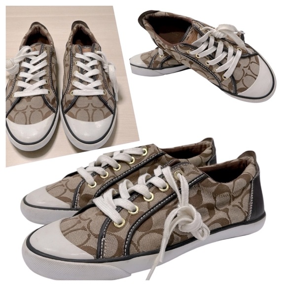 Coach Brown Tan Barrett II Monogram Signature Fabric Lace Up Sneaker Size 8.5 B - Picture 1 of 11